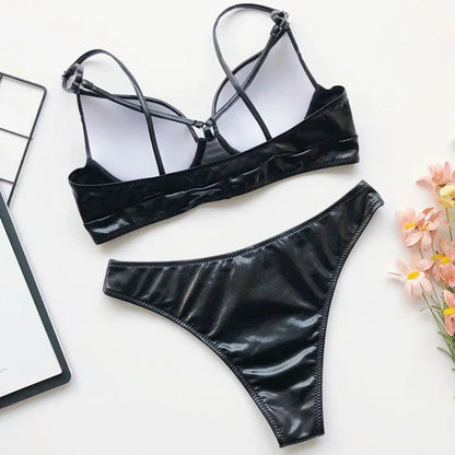 Shiny Faux Leather PU Bikini Women Swimsuit Bra Cup Bikinis Female Swimwear Two Pieces Bikini Set Push Up Bathing Suit Swim