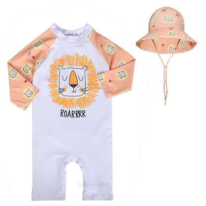 Baby Swimsuit One-Piece Bathing Suit Boy with Sun Cap UPF50 UV Protection Long Sleeve Dinosaur Children's Swimwear for Toddler