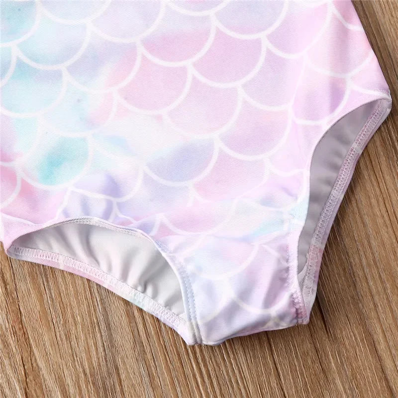 Baby Girls  Bathing Suit Sleeveless Fish Scale Print Swimsuit Ruffle Flower Neckline Swimwear