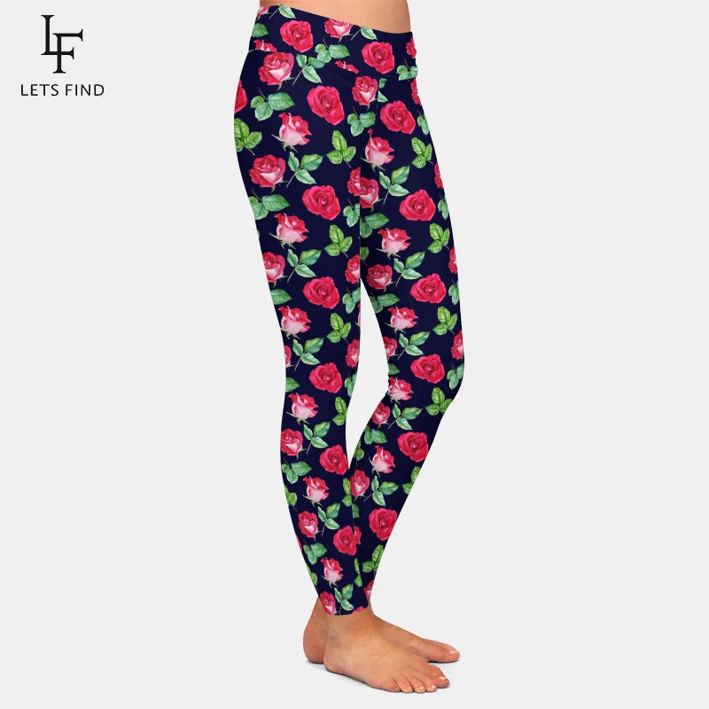 Women Leggings 3D Watercolor Rose Blooms and Leaves Print High Waist Fitness Stretch Pants