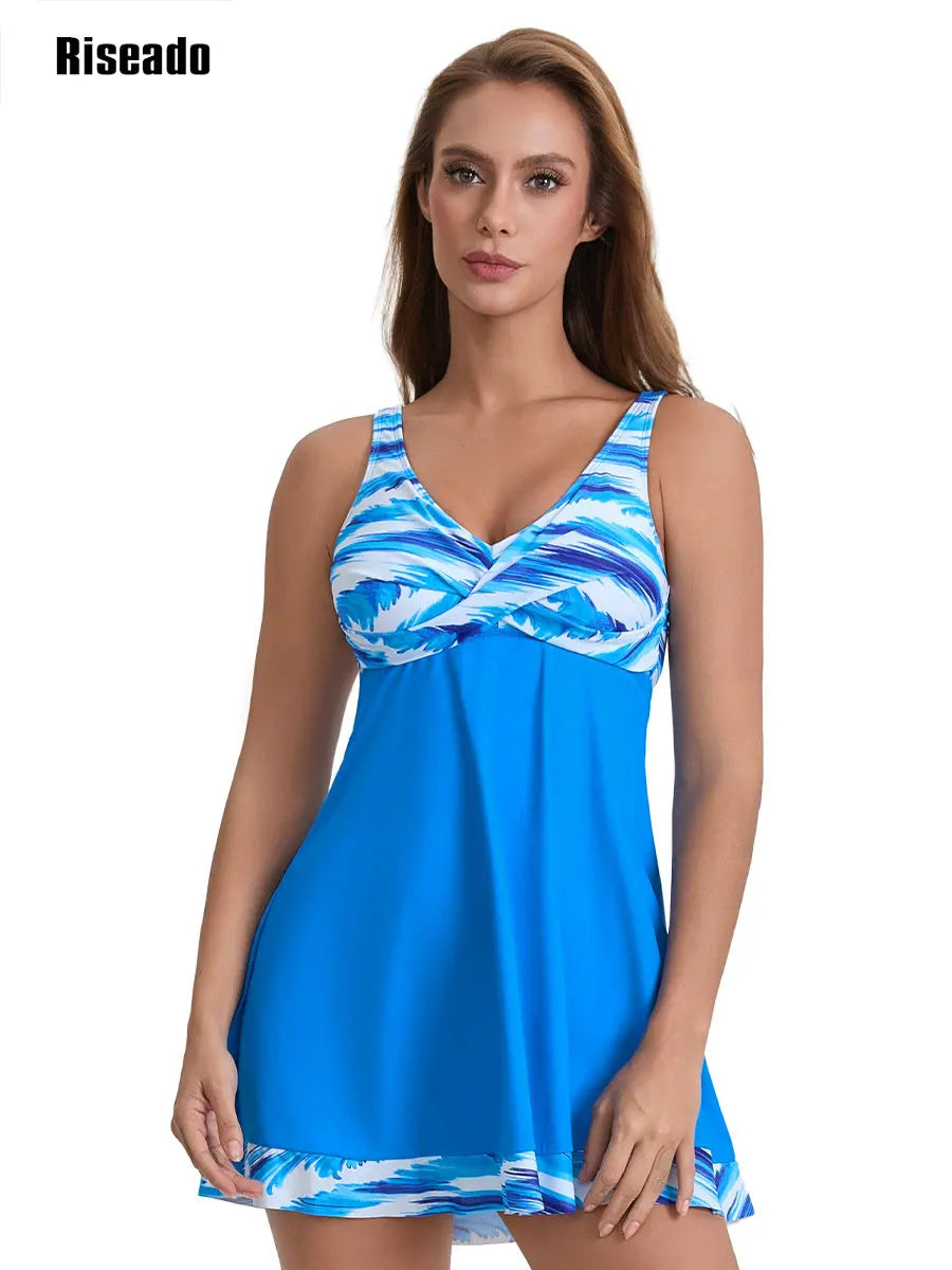 Riseado Women's Crossover Ruched Skirt Two Piece Swimdress V Neck Tummy Control Swimsuit Bathing Suit