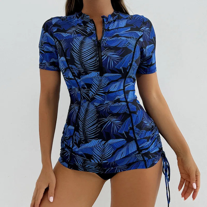 Floral Women Swimsuits Sun Protection Female Short Sleeves Swimwear Surfing Sports Pool Beachwear Two-Piece Bathing Suits