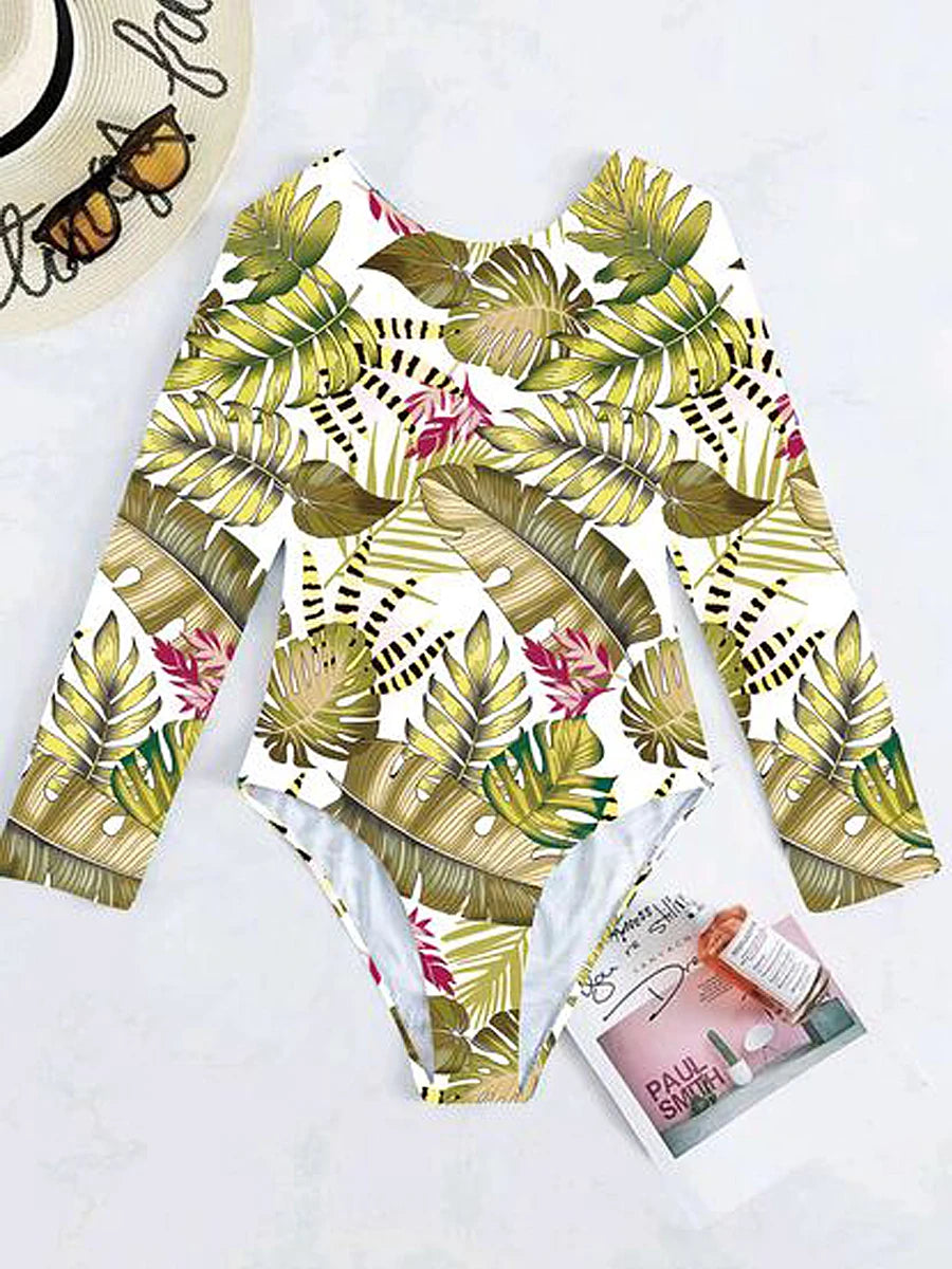 Women's Printed Long-Sleeve Criss-Cross Back One-Piece Swimsuit
