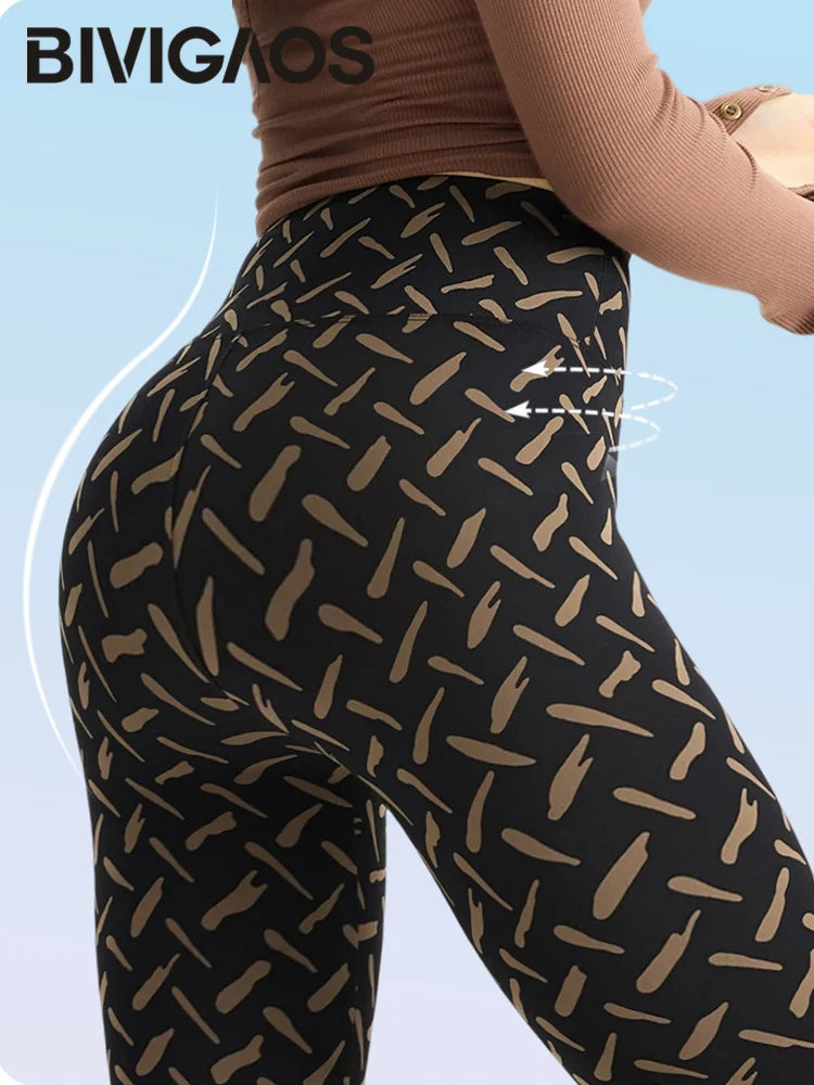 BIVIGAOS Spring Autumn Starry Sky Printed Sharkskin Leggings Women High Waist Elastic Tight Fitting Running Yoga Fitness Legging