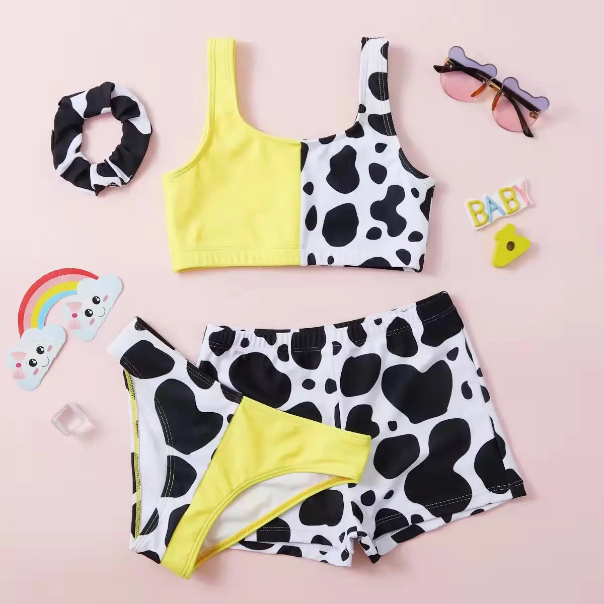 Girls 3 piece Cow Print Bikini with Cover Shorts Swimsuit Kids 7-12 Years Children's Swimwear Colorblock Bathing Suits Teens