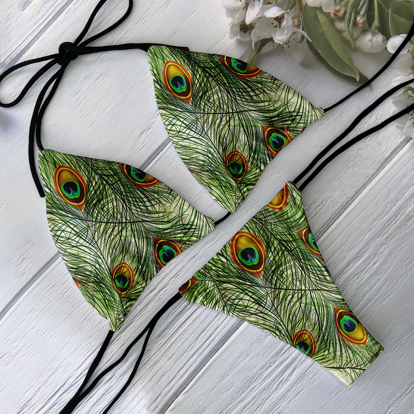 Fashion Ladies Bikini Set 3D Printed Peacock Feather Pattern Split Swimsuit Deep V Lace up Beach Vacation Surfing Swimsuit
