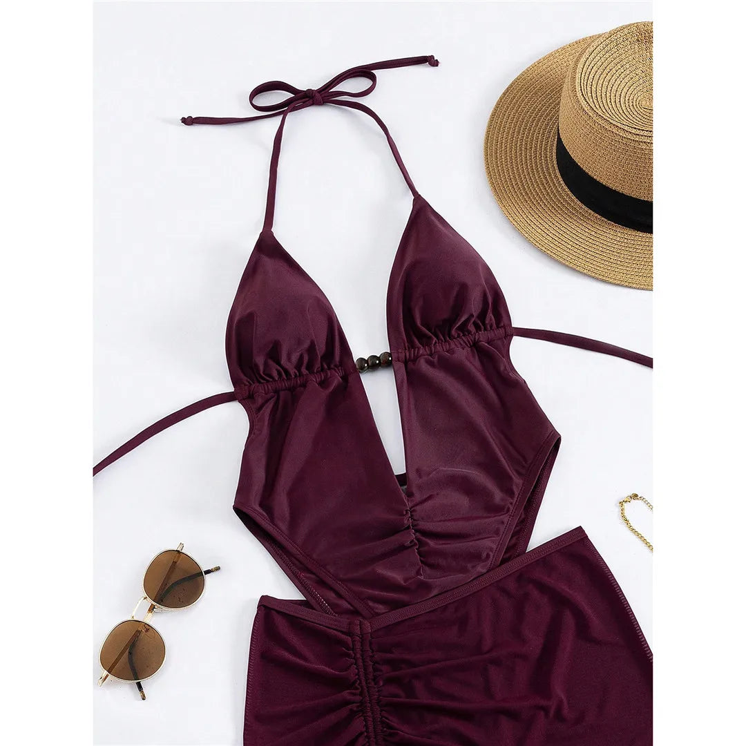 Skirt Halter Deep V Neck Women Swimwear One Piece Swimsuit Female High Leg Cut Backless Bather Bathing Suit Swim