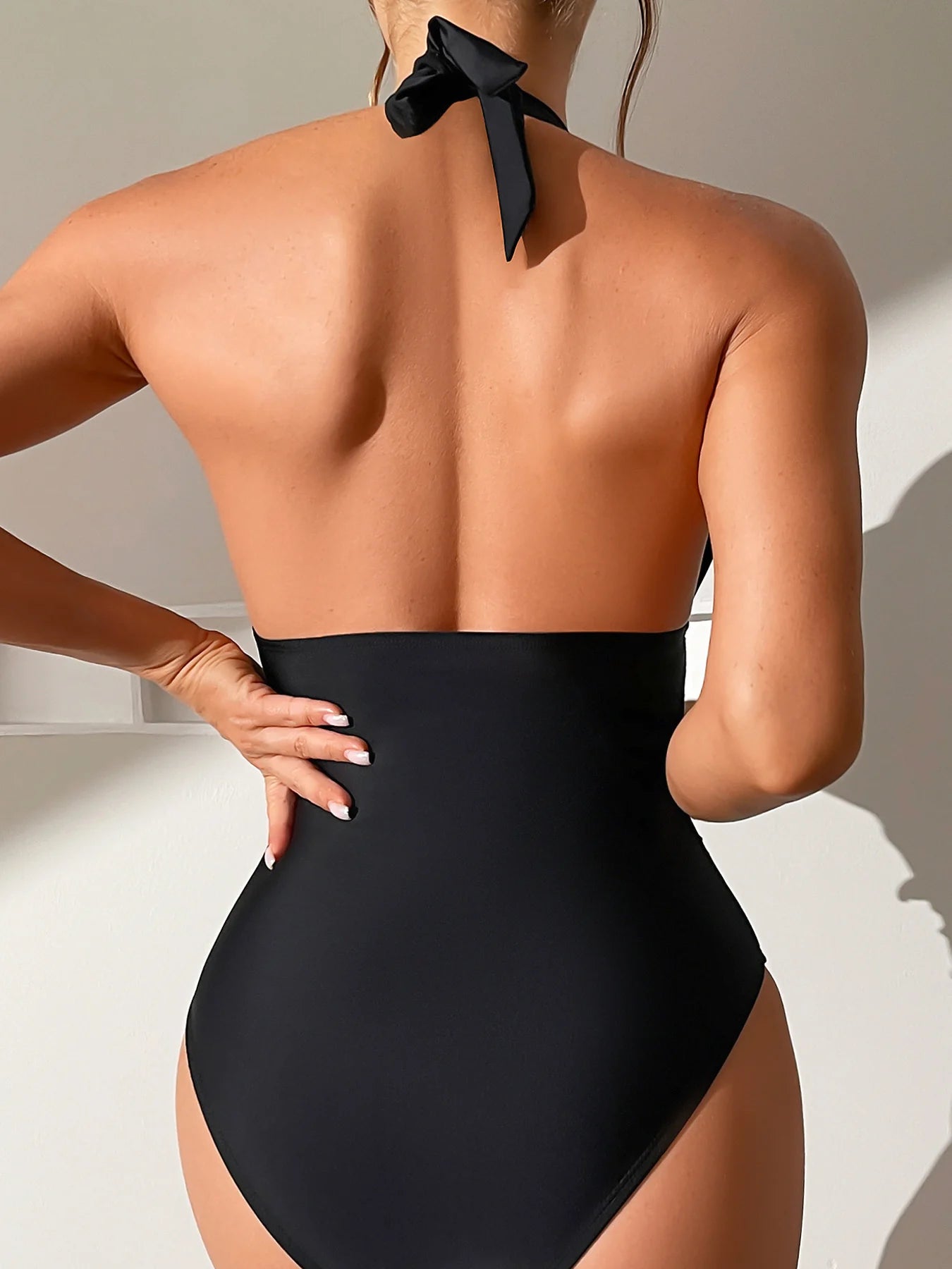 Solid Halter Tied Swimwear Women V Neck Push UP High Cut Swimsuit One Piece Backless Summer Bathing Suit