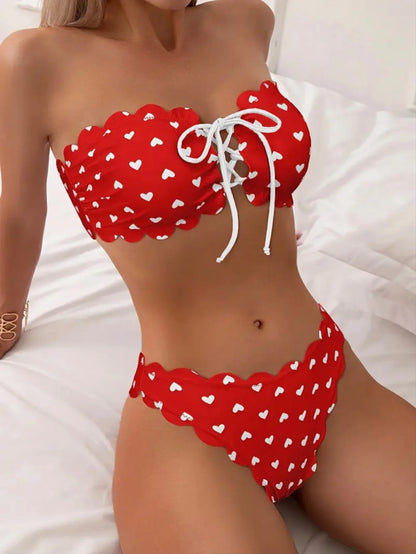 Swim Mod Heart Printed Bandeau Bikini Set Valentine Summer Beach Swimwear Bathing Suit For Women
