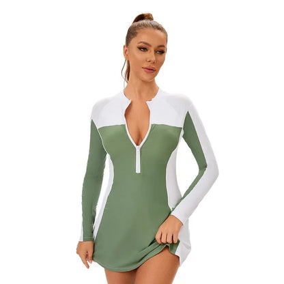 Woman Tankini Color Block Long Sleeve Two-Piece Swimsuit - Modest Skirted Beachwear Swimwear Bathing Suit Women