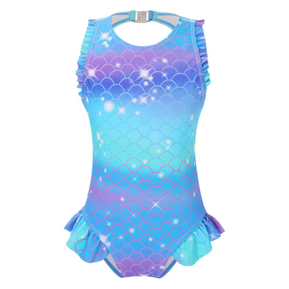 Kids Girls Mermaid Swimsuit Sleeveless Fish Scales Print Ruffle Flounce Jumpsuit Bathing Suit Pool Beach Athletic Swimwear