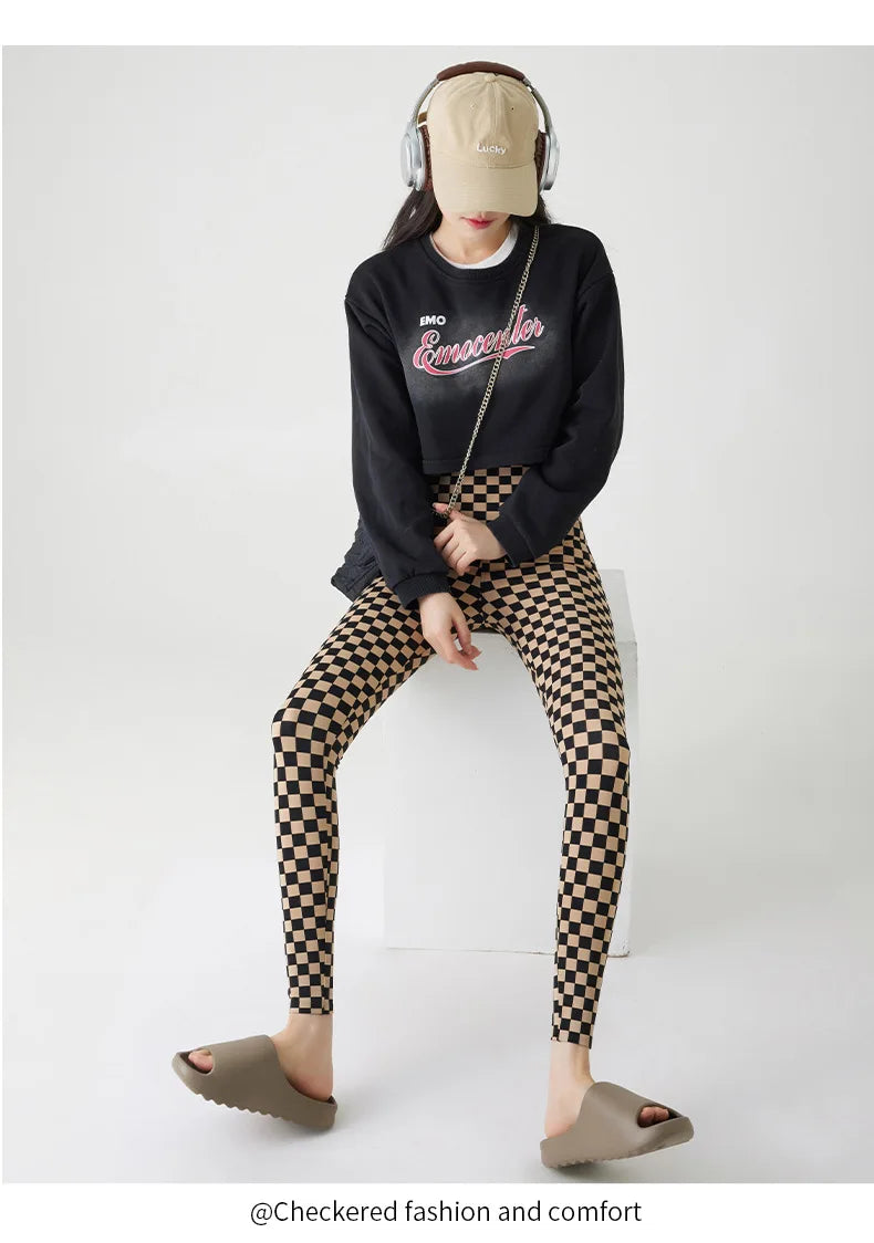Checkerboard Plaid Shark Leggings Women High Waist Tight Slim Push Up Leggings Seamless Sports Fitness Leggings