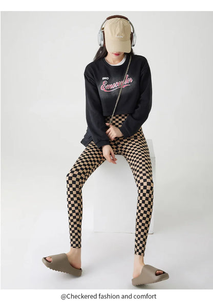 Checkerboard Plaid Shark Leggings Women High Waist Tight Slim Push Up Leggings Seamless Sports Fitness Leggings