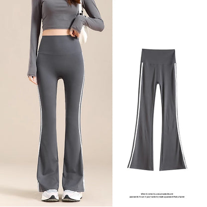 Sports White Stripe Micro Flared Leggings Women Tight Slim High Waist Horseshoe Pants Sexy Flared Trousers