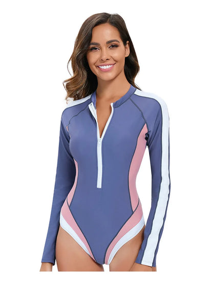 Long Sleeved Sun Protection One-piece Sports Swimsuit for Women High Elasticity Slim Zipper Sports Bikini Monokini Surfing Suit