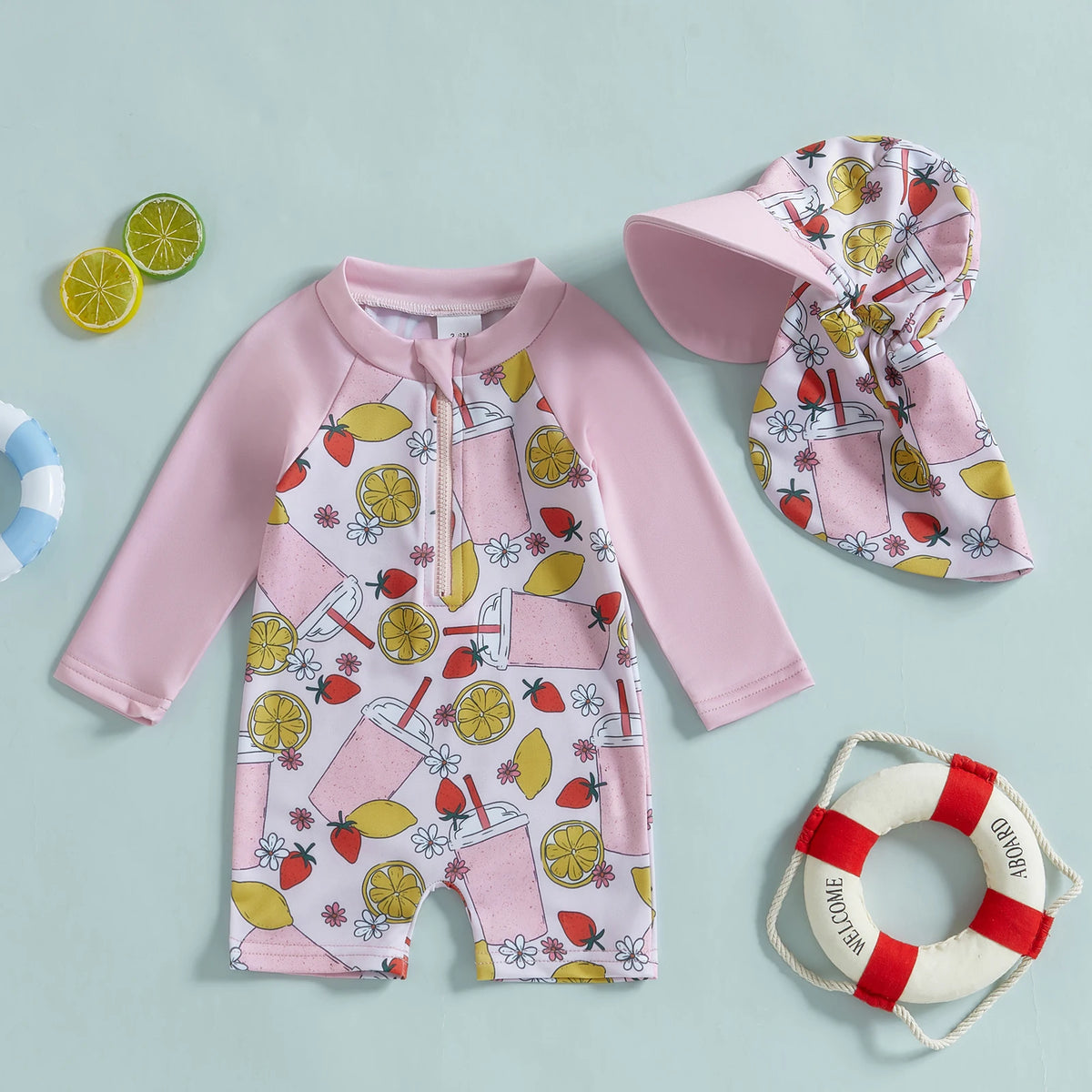 Kids Baby Girls Swimwear Bathing Suit Princess Rash Guard Infant Swimsuit Ice Cream Print Long Sleeve Swimwear + Hat