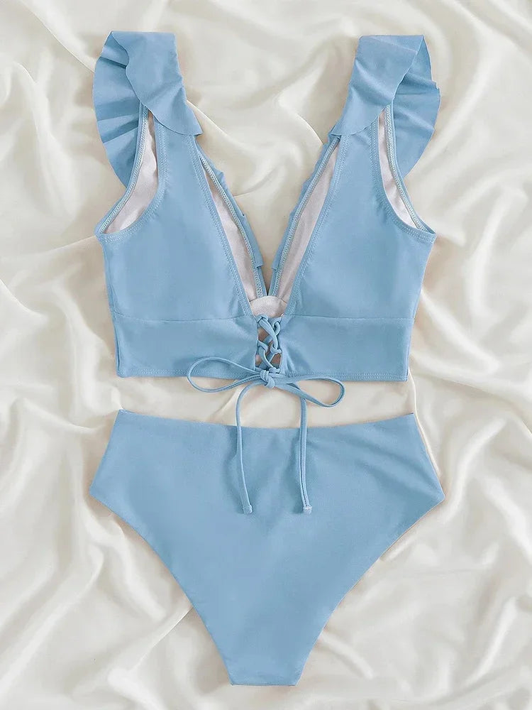 High Waist Bikinis Set Ruffle Shoulder Plunging Swimwear Women Bathing Suit Summer Beachwear