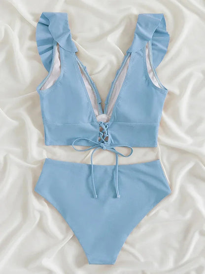 High Waist Bikinis Set Ruffle Shoulder Plunging Swimwear Women Bathing Suit Summer Beachwear