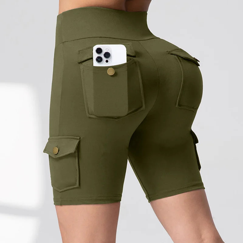 Camouflage Printed Women Shorts with Pockets Butt Lifting Tummy Tight Elastic Slim Outdoor Running Workout Shorts Streetwear