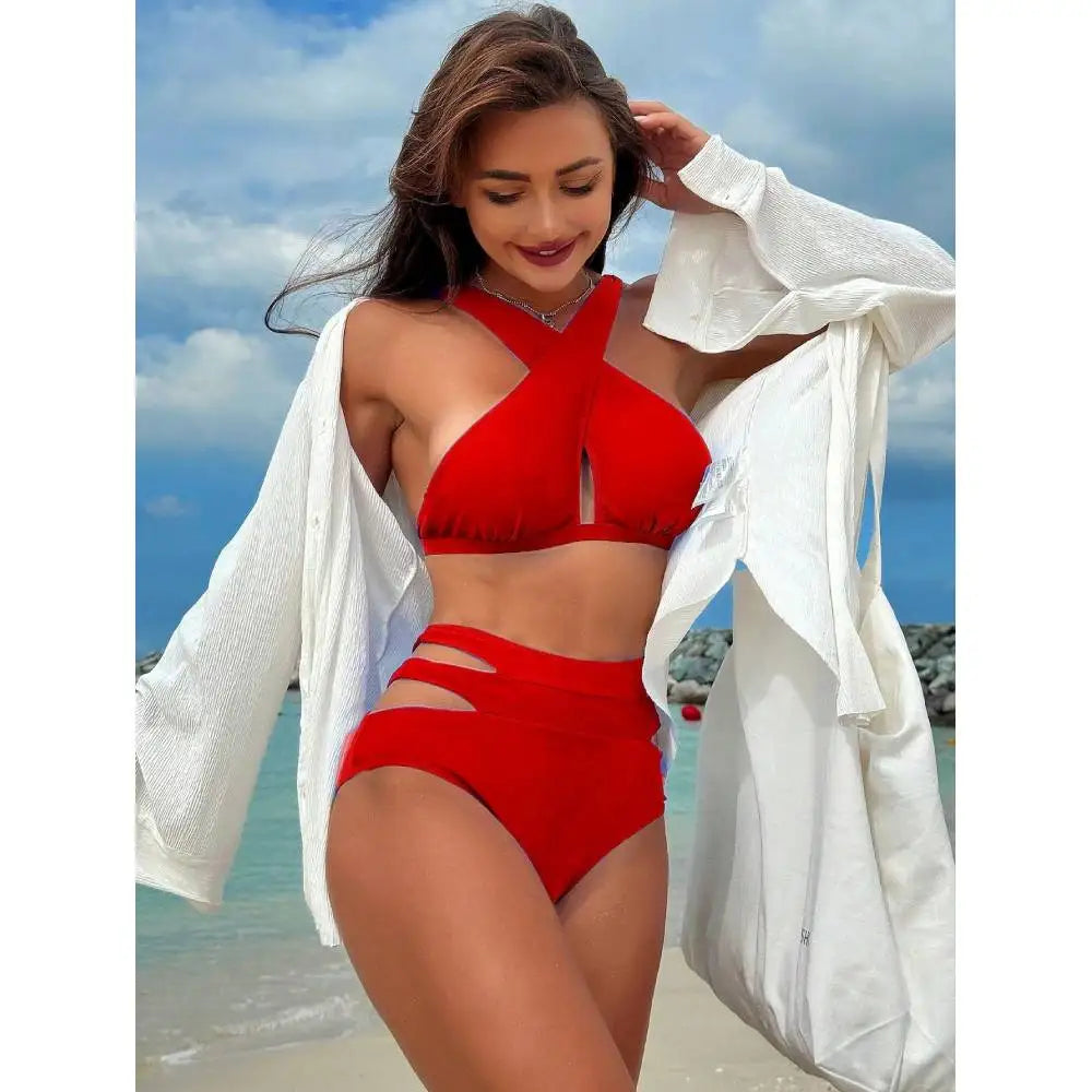 Solid Color Halter Neck Vacation Matching Bikini Set And Swim Trunks Two-Piece Bikini Set, Summer Beach