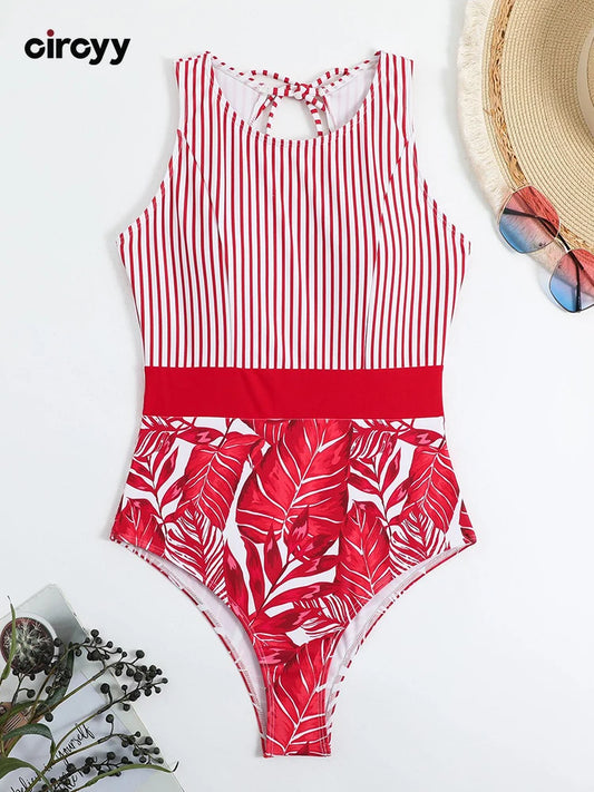 One Piece Swimsuit Women Striped Print Beachwear Hollow Out Lace Up Monokini Summer 2026 Bikinis Beach Fashion Bodysuit