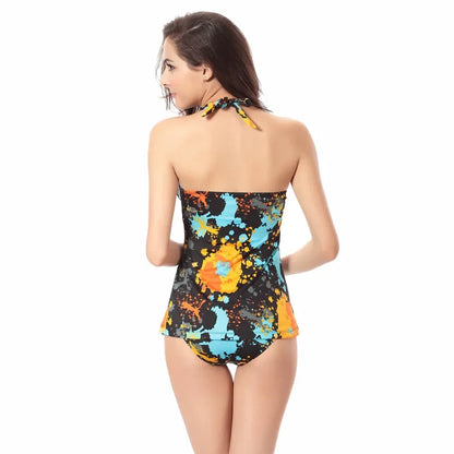 Women's Bikini Tankini Two Piece Swimsuit Floral Printed V-neck Beachwear Hollow Slim Swimming Bathing Suit Halter Conservative Swimwear