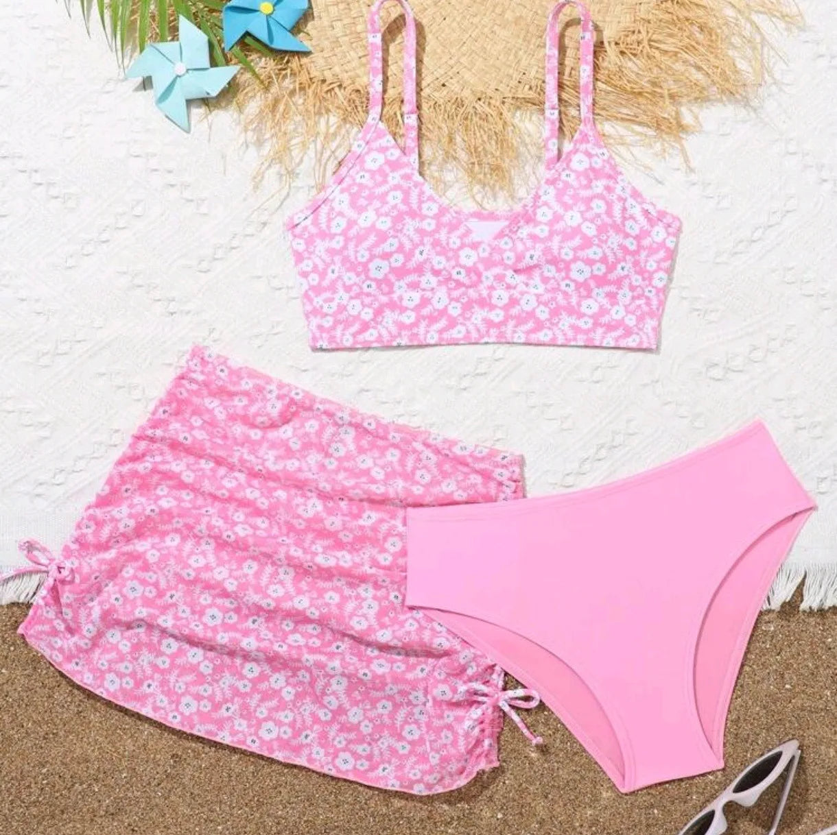 Girls 3 Piece Floral Print Bikini Sets Kids Swimsuit Beach Skirts 7-12 Years Children's Swimwear 2025 Teenages Girl Bathing Suit
