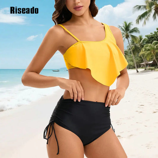 Ruffle Bikinis for Women Scoop Neck Swimsuits Lace Up One Shoulder Bikini Sets High Waist 2 Piece Bathing Suits