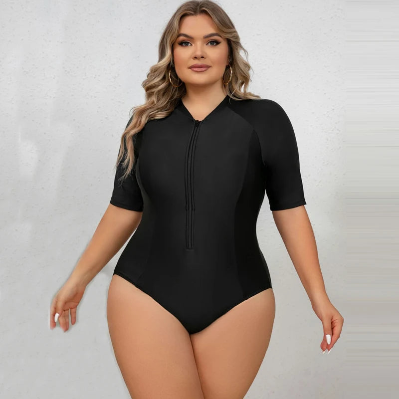 Plus Size Black Color Rashguard Women One Piece Swimsuit Solid Swimming Suit For Big Woman Modest Swimwear Surfing Suit