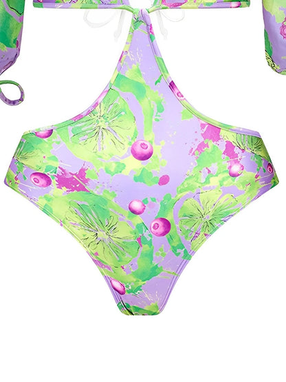 V Neck Hollow Out Print Swimsuit Women One Piece Swimwear Female Beachwear Bathers Bathing Swimming Swim Suit