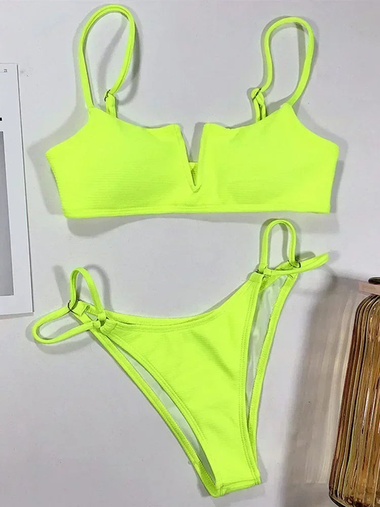 Ribbed Polka Dot Bikinis V-Bar Underwired Bikini Women Swimwear Female Swimsuit Two Pieces Bikini Set High Cut Bathing Suit Swim