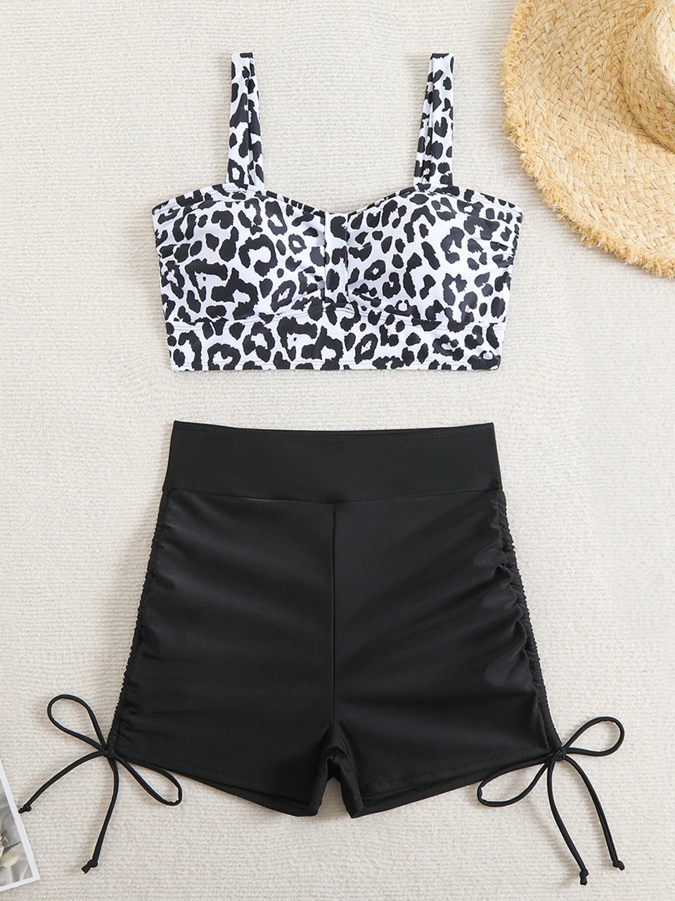 Strappy Two Pieces Drawstring Swimsuit Women Leopard Swimwear Female Bathers Bathing Swimming Suit Padded Beachwear