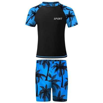 Kids Boys 2 Pieces Swimsuit Rash Guard Short Sleeve Swim Shirt Tops with Shorts Swim Trunks Swimwear Surfing Beach Bathing Suit