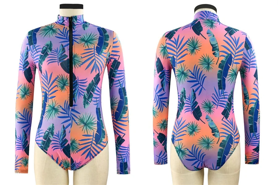 Women's Long Sleeve Print One-piece Swimsuit Zipper Swimwear Women Bikini Bathing Suit Summer