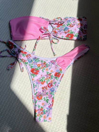 Circyy Two-piece Swimsuit Women Strapless Bikini Set Print Spliced Beachwear Summer 2025 New Swimwear Fashion Vintage Biquinis