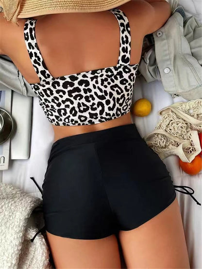 Strappy Two Pieces Drawstring Swimsuit Women Leopard Swimwear Female Bathers Bathing Swimming Suit Padded Beachwear