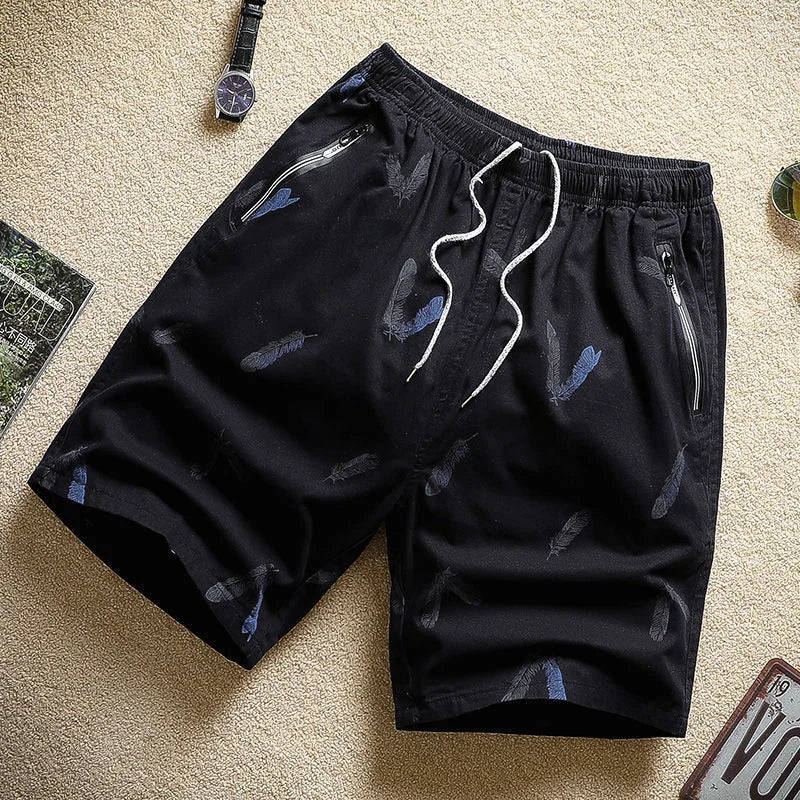Cotton Shorts Men Breathable Thin Feather Print Pocket Elastic Waist Korean Loose Casual Sports Beach Short Pants 5XL