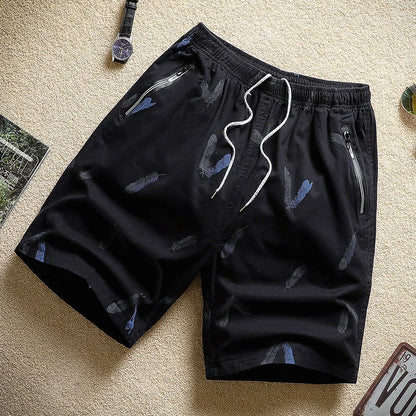 Cotton Shorts Men Breathable Thin Feather Print Pocket Elastic Waist Korean Loose Casual Sports Beach Short Pants 5XL