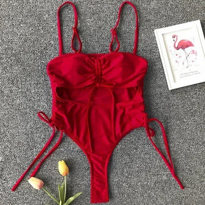 Splicing High Cut Out One Piece Swimsuit Women Tassel Swimwear Female Bathing Suit String Leopard Bikini Monokini Lady