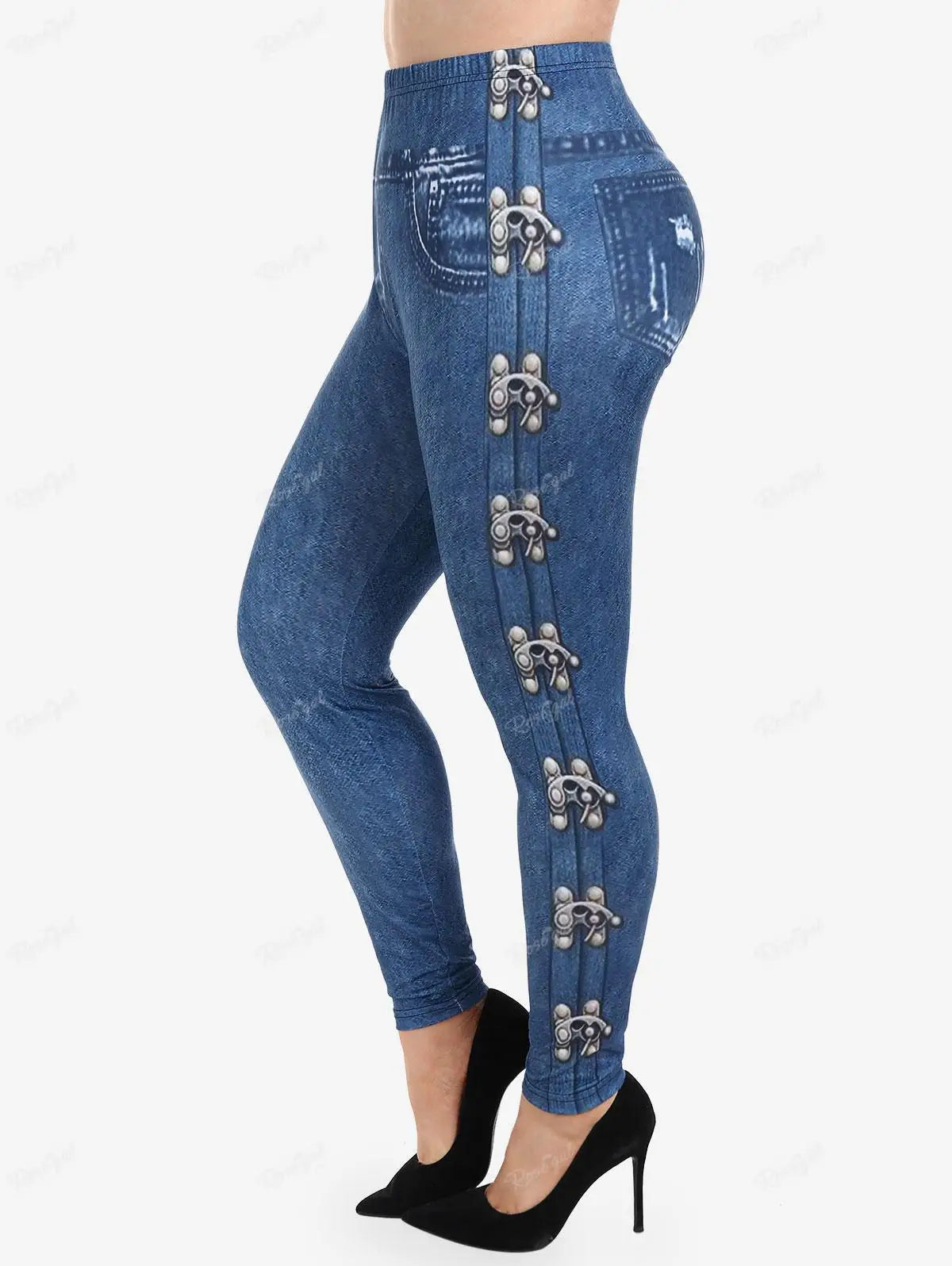 ROSEGAL 5XL Women's Plus Size Leggings Gothic 3D Zipper Buckles Printed Pencil Pants Oversized High Waist Skinny Trousers Mujer