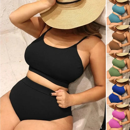 4XL Women's Plus Size Bikini Set Two-Piece Solid Color Swimsuit for Vacation Tummy Control Bathing Suit Swimwear