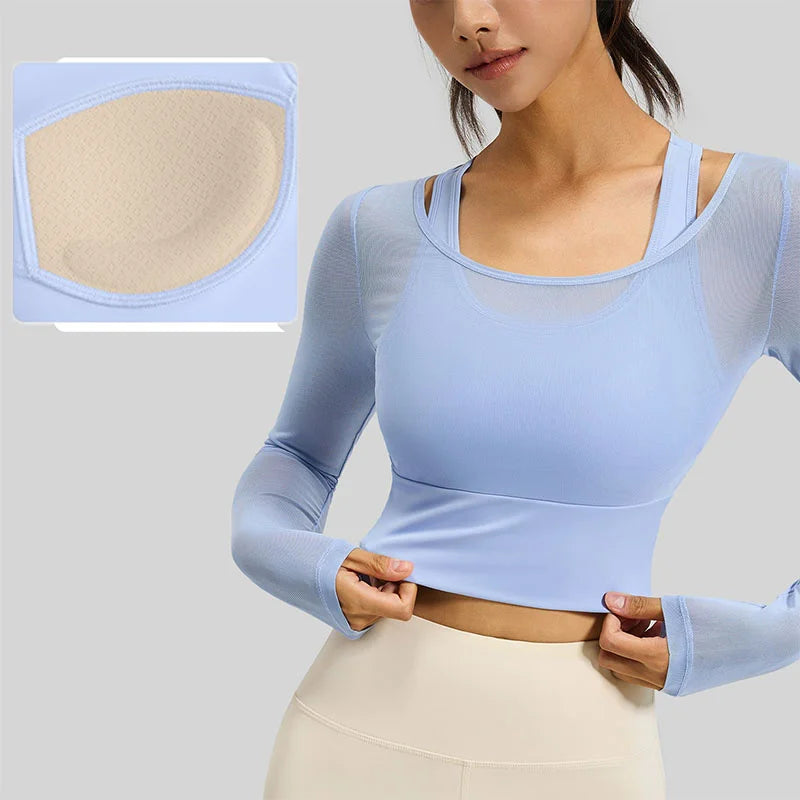Women's Long-Sleeve Mesh Gym Crop Top with Padded Bra