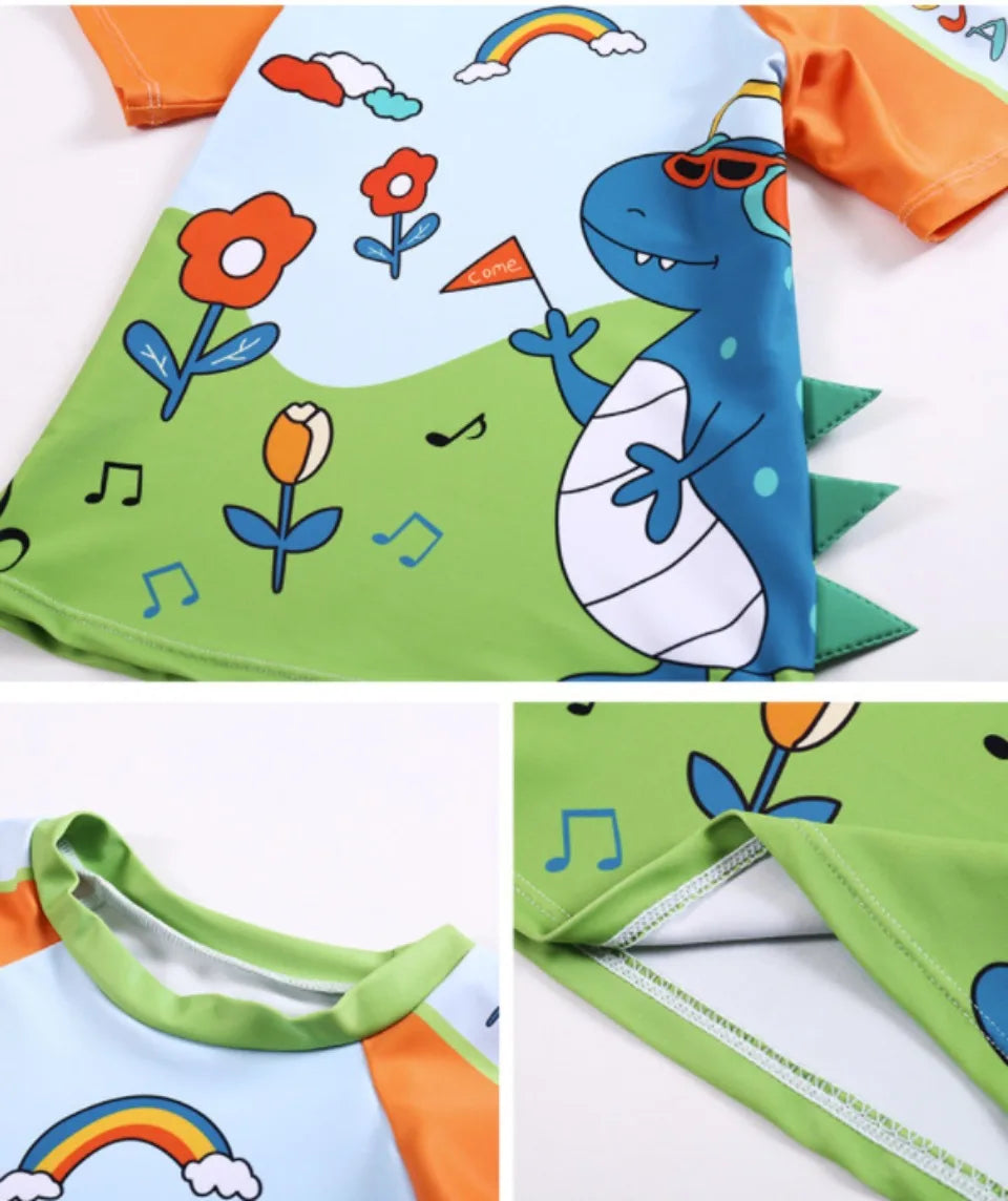 Kids Boy Swimsuit Letter Dinosaur Print Two-Piece Suits 3PCS Cartoon Children Board Shorts Children Boys Swimwear Surfing Suit