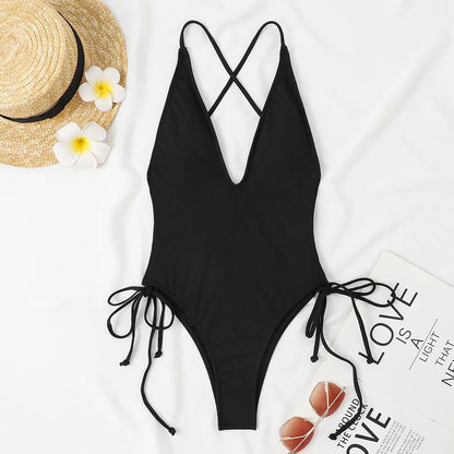 Solid Swimwear Women Strapped Push Up One Piece Swimsuit Beach Lady Monokini Cross Backless Bathing Suit