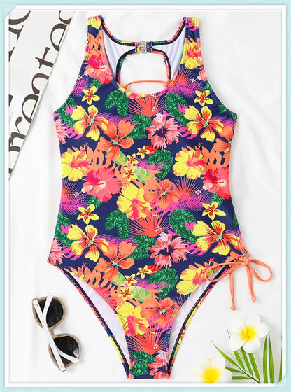 Lace Up Back Swimsuit One Piece Printed Swimwear Women Backless Bathing Swimming Suit Female Padded Beachwear Bodysuit