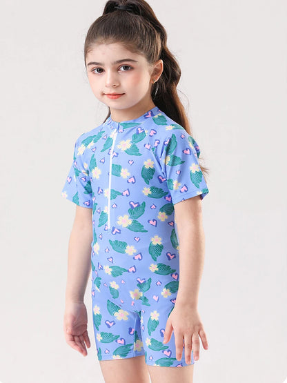 Leaf Print One Piece Girls Swimwear Kids Short Sleeve Swimsuit With Front Zipper Summer Children Swimming Suit Beachwear