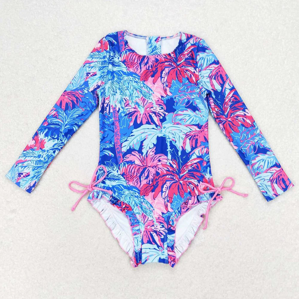 Colourful Designs Baby Girls Swimsuits Long Sleeve One Pieces Swimsuit Summer Fashion Kids Clothes Swimwear Boutique Girls Swim Clothes