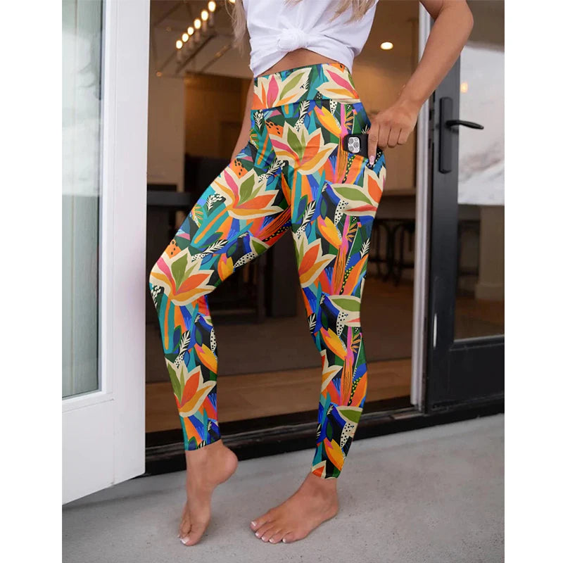 High Waist Women's Fitness Leggings 3D Digital Print Sexy Pocket Elastic Pants Fashionable Gym Trousers