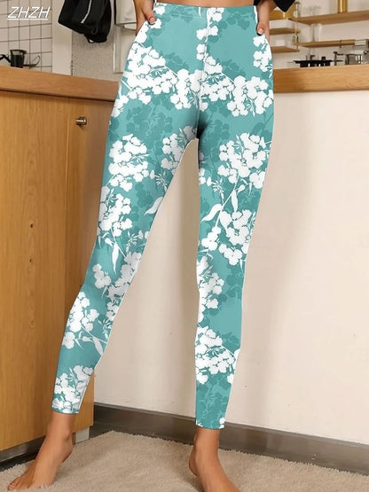 Women's Leggings Floral Graphic Pants Trousers Polyester Spandex Stretch Elastic Waist ,Control Fall Winter Streetwear