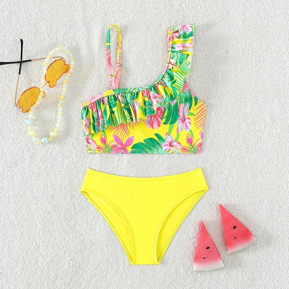 Kids Oblique Shoulder Sling Split Swimsuit Girl Quick Dry Breathable Bikini Swimwear Kid Two Pieces